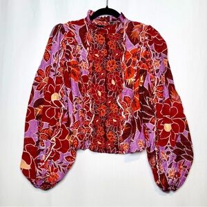 Farm Rio Long Sleeve Blouse Peasant Pink Purple Floral Puff Bell Sleeve size XS